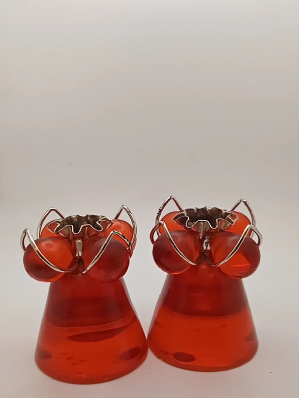 Vintage Set Of Two Lucite Acrylic Amber Orange/Red Candelabra candle holders!